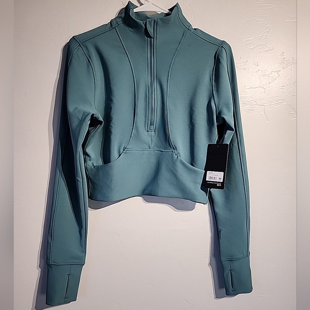 90 Degree By Reflex Crop Rib Half Zip Up Shirt Brittany Blue Size M athletic Top